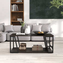Rectangle Coffee Table 2-tier Industrial Accent Table with Storage Shelf and Compartment-Brown