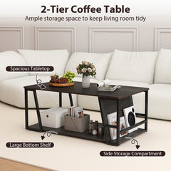 Rectangle Coffee Table 2-tier Industrial Accent Table with Storage Shelf and Compartment-Brown