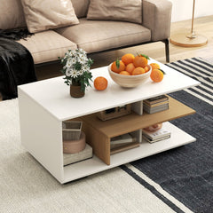 Rectangular 3-Tier Coffee Table with L-Shaped Middle Shelf, White