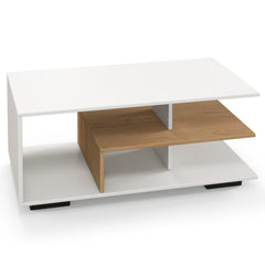 Rectangular 3-Tier Coffee Table with L-Shaped Middle Shelf, White
