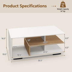 Rectangular 3-Tier Coffee Table with L-Shaped Middle Shelf, White