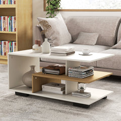 Rectangular 3-Tier Coffee Table with L-Shaped Middle Shelf, White