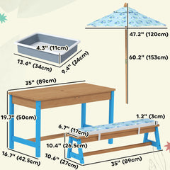 Kids Picnic Table and Bench Set with Removable Umbrella, Cushions & Boxes, Dinosaur Theme for Outdoor, Blue