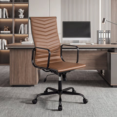 Ribbed Office Chair High Back PU Leather for Home Office with Adjustable Height-Brown