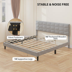 Queen Size Bed Frame with Upholstered Headboard, Modern Platform Bed Frame with Wood Slats, 1100 lbs Capacity, Cream