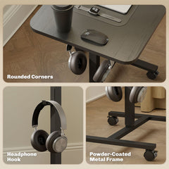 Height Adjustable Standing Desk, Pneumatic Sit Stand Desk with Wheels and Headphone Hook, Grey Wood Grain
