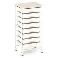 Rolling Cart with 8 Drawers and Wooden Tabletop with Lockable Wheels for Home Office-White + Natural