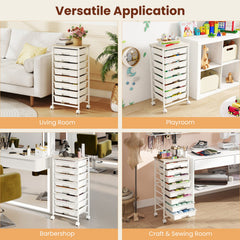 Rolling Cart with 8 Drawers and Wooden Tabletop with Lockable Wheels for Home Office-White + Natural
