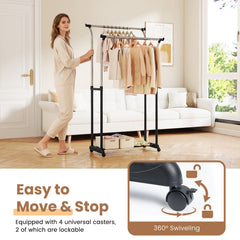 Rolling Clothes Rack Double Rod Garment Rack with Adjustable Height