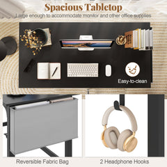 Rolling Computer Desk with Headphone Hooks and Lockable Wheels for Home Office-Black