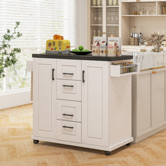 Rolling Kitchen Island Cart on Wheels with Storage Cabinets-White