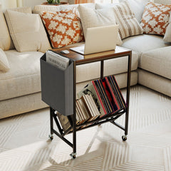Rolling Record Player Stand 2-Tier with Vinyl Storage and Magazine Holder Bag-Rustic Brown