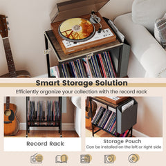 Rolling Record Player Stand 2-Tier with Vinyl Storage and Magazine Holder Bag-Rustic Brown