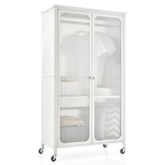 Rolling Storage Armoire Closet with Hanging Rod and Adjustable Shelf-White