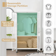 Rolling Storage Armoire Closet with Hanging Rod and Adjustable Shelf-White