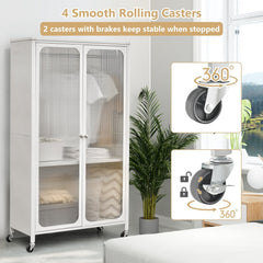 Rolling Storage Armoire Closet with Hanging Rod and Adjustable Shelf-White