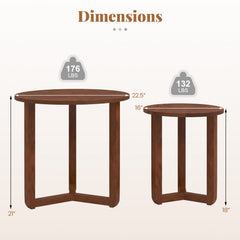 Round Nesting Coffee Table Set of 2 Wood Nesting End Tables with Thickened Top-Walnut