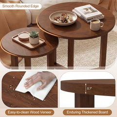 Round Nesting Coffee Table Set of 2 Wood Nesting End Tables with Thickened Top-Walnut
