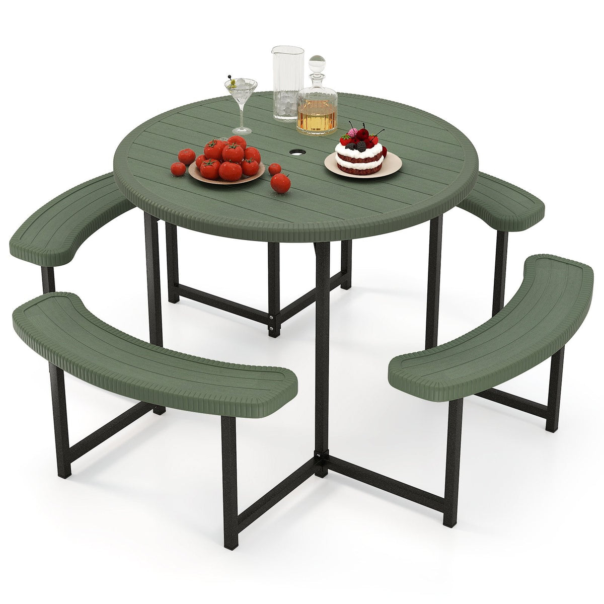 Round Picnic Table Bench Set with 4 Benches and Umbrella Hole for Patio Lawn-Green