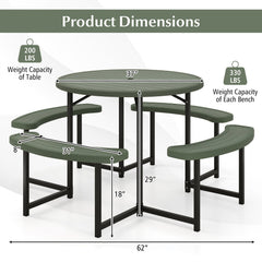 Round Picnic Table Bench Set with 4 Benches and Umbrella Hole for Patio Lawn-Green