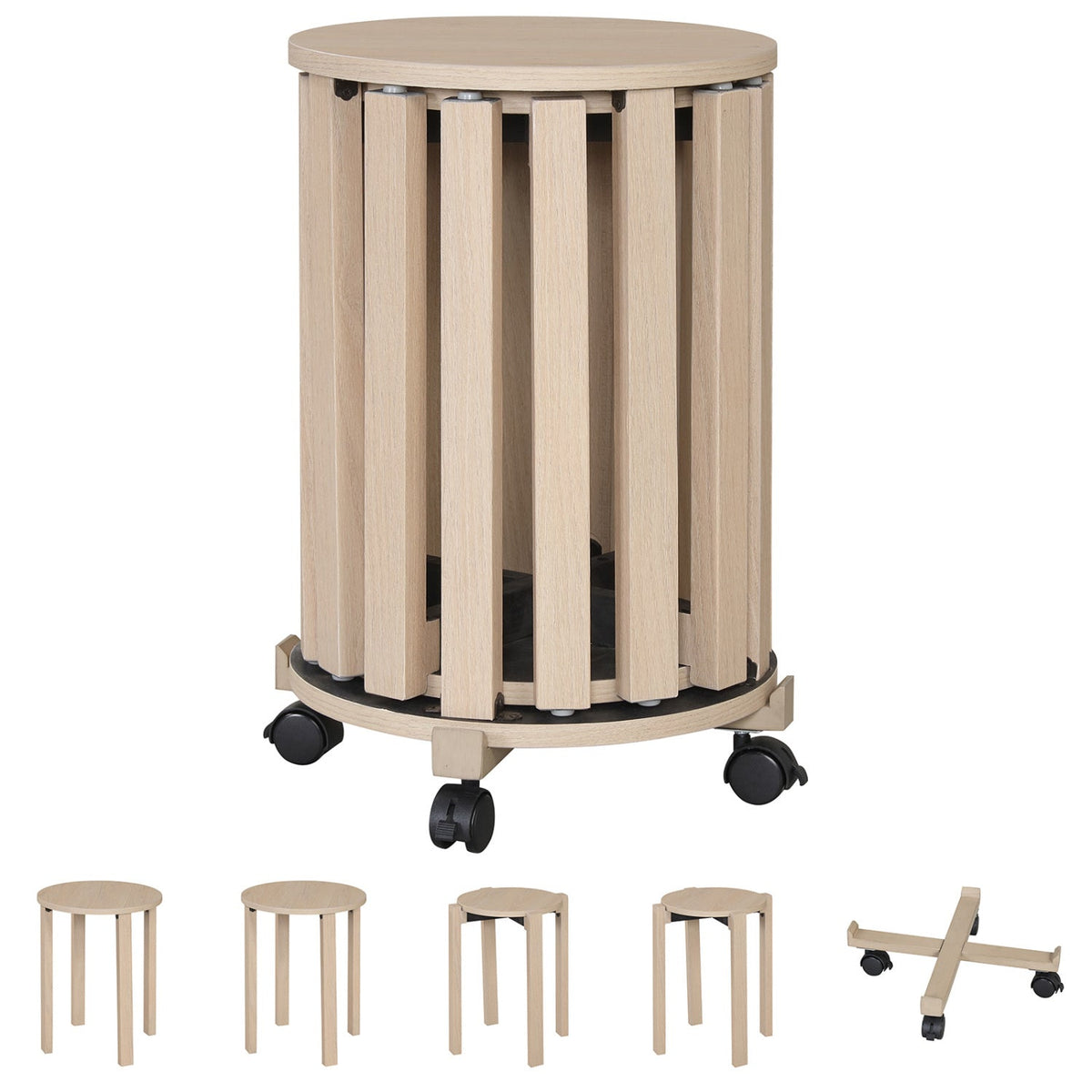 Set of 4 Round Nesting Stools with Rolling Base, Natural Rubber Wood, Stack to 24 Inch Column