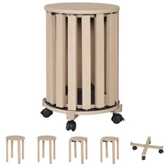 Set of 4 Round Nesting Stools with Rolling Base, Natural Rubber Wood, Stack to 24 Inch Column