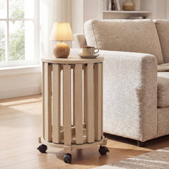 Set of 4 Round Nesting Stools with Rolling Base, Natural Rubber Wood, Stack to 24 Inch Column