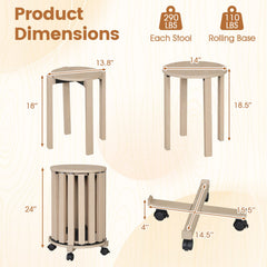 Set of 4 Round Nesting Stools with Rolling Base, Natural Rubber Wood, Stack to 24 Inch Column