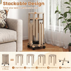 Set of 4 Round Nesting Stools with Rolling Base, Natural Rubber Wood, Stack to 24 Inch Column