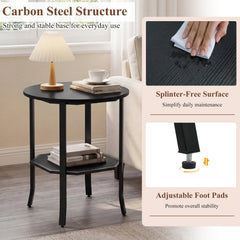 Round Side Table Small End Table with Storage Shelf 2-Tier Nightstand for Small Space-Black