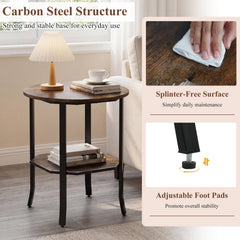 Round Side Table Small End Table with Storage Shelf 2-Tier Nightstand for Small Space-Rustic Brown
