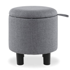 Round Storage Ottoman Linen Fabric Upholstered Footrest Stool-Gray