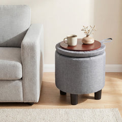 Round Storage Ottoman Linen Fabric Upholstered Footrest Stool-Gray