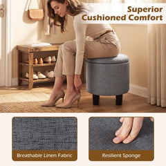 Round Storage Ottoman Linen Fabric Upholstered Footrest Stool-Gray