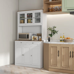 71" Pantry Cabinet with Microwave Space, Buffet with Hutch, 2 Drawers, Adjustable Shelves and Glass Doors, Blue