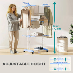 Foldable Clothes Drying Rack, 4-Tier Steel Laundry Rack for Drying Clothes with 2 Side Wings and 4 Castors, Indoor and Outdoor Use, Black