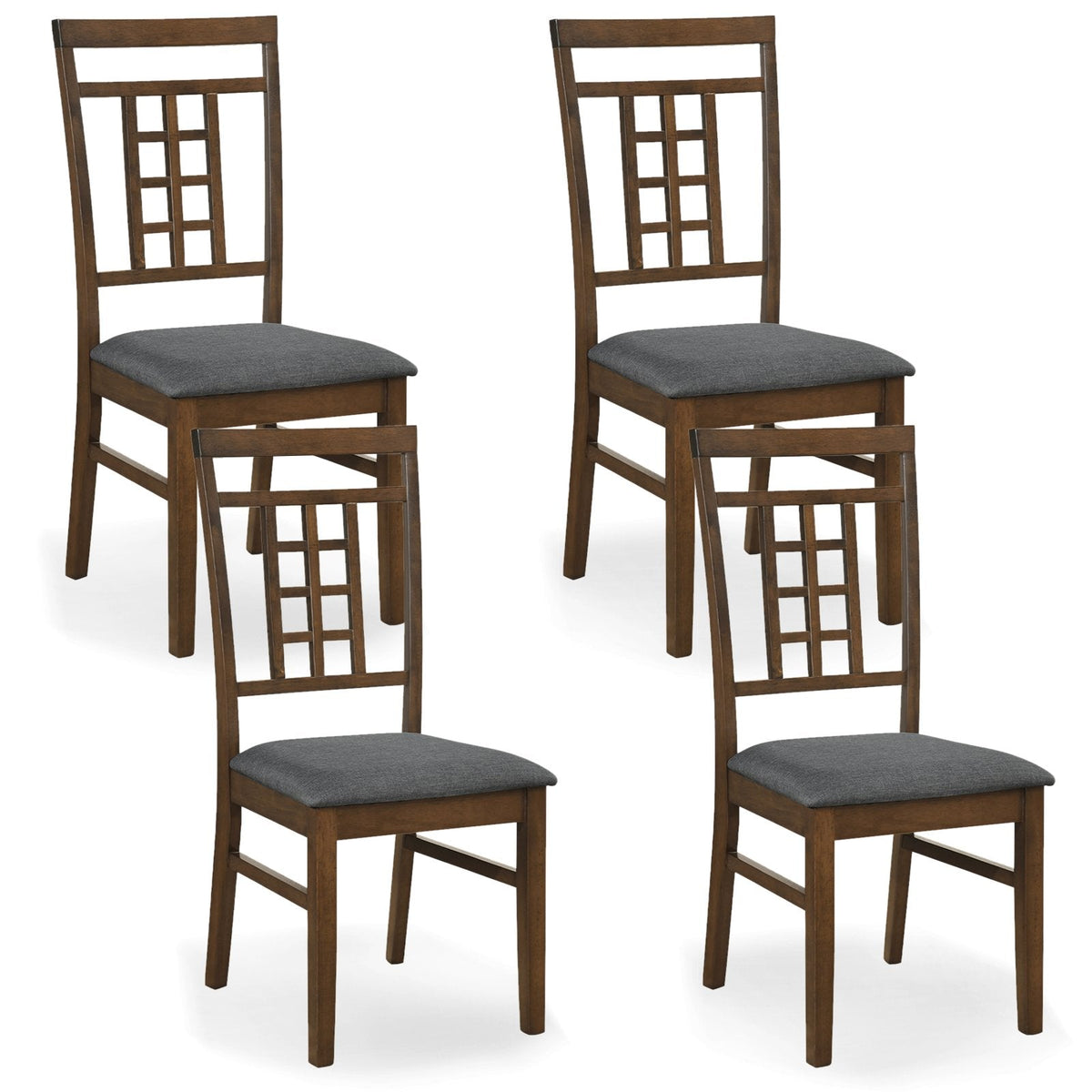 Set of 4 Lattice Back Dining Chairs, Walnut Brown Rubber Wood with Grey Linen Padded Seats