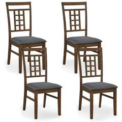 Set of 4 Lattice Back Dining Chairs, Walnut Brown Rubber Wood with Grey Linen Padded Seats