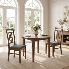 Set of 4 Lattice Back Dining Chairs, Walnut Brown Rubber Wood with Grey Linen Padded Seats