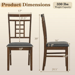 Set of 4 Lattice Back Dining Chairs, Walnut Brown Rubber Wood with Grey Linen Padded Seats
