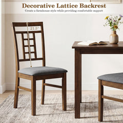 Set of 4 Lattice Back Dining Chairs, Walnut Brown Rubber Wood with Grey Linen Padded Seats