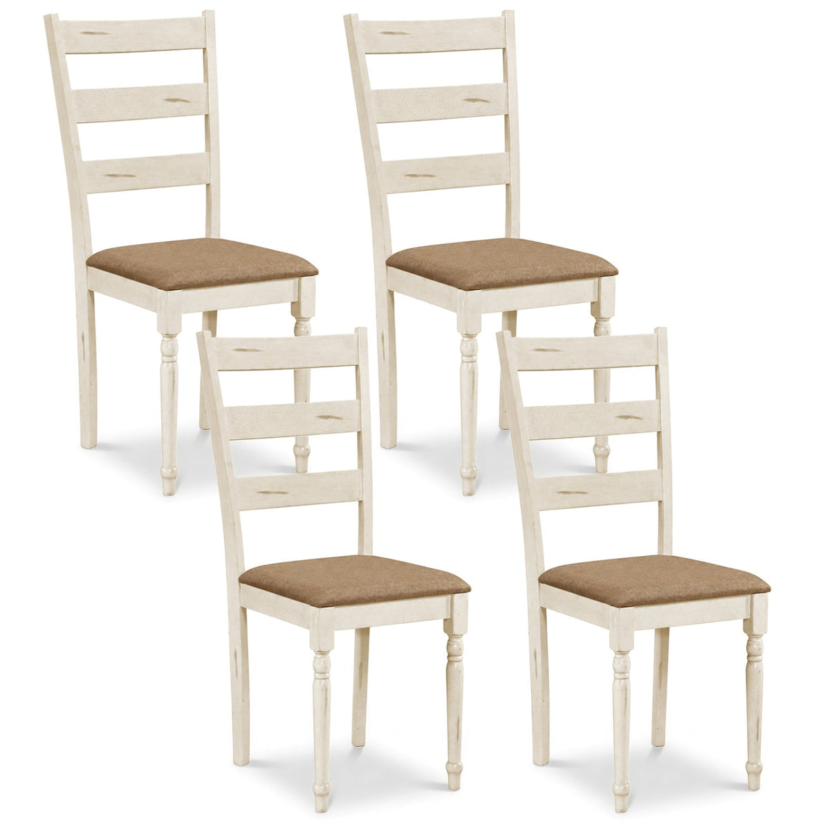 Set of 4 Ladder Back Dining Chairs, Distressed Antique White Rubber Wood with Tan Linen Seats