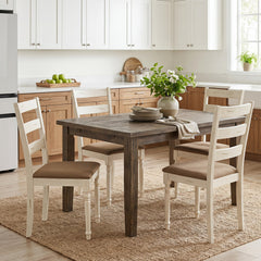 Set of 4 Ladder Back Dining Chairs, Distressed Antique White Rubber Wood with Tan Linen Seats