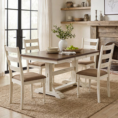 Set of 4 Ladder Back Dining Chairs, Distressed Antique White Rubber Wood with Tan Linen Seats