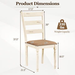 Set of 4 Ladder Back Dining Chairs, Distressed Antique White Rubber Wood with Tan Linen Seats