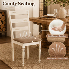 Set of 4 Ladder Back Dining Chairs, Distressed Antique White Rubber Wood with Tan Linen Seats