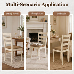 Set of 4 Ladder Back Dining Chairs, Distressed Antique White Rubber Wood with Tan Linen Seats