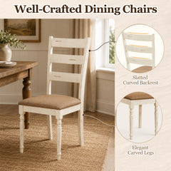 Set of 4 Ladder Back Dining Chairs, Distressed Antique White Rubber Wood with Tan Linen Seats