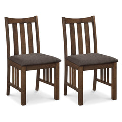 Set of 2 Mission Style Dining Chairs, Rustic Brown Rubber Wood with Slatted Sides and Grey Linen Seat