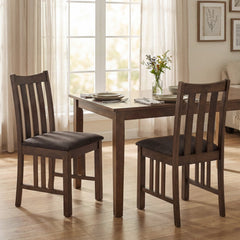 Set of 2 Mission Style Dining Chairs, Rustic Brown Rubber Wood with Slatted Sides and Grey Linen Seat